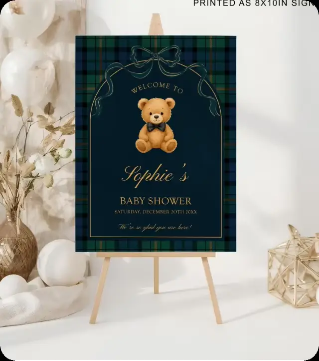 Panneau de bienvenue personnalisable pour baby shower, motif ours vintage classique, affiche de bien