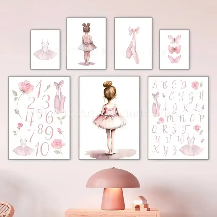 Ballerine Alphabet numéro chaussures robe couronne papillon pépinière mur Art toile peinture affiche et impression photos fille chambre décor