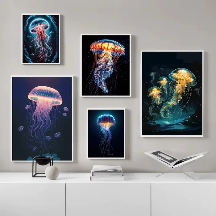 Affiches de méduses colorées vibrantes, faune marine, imprimés de corail nautique, peinture sur toile, tableau d'art mural, décor de salon de maison