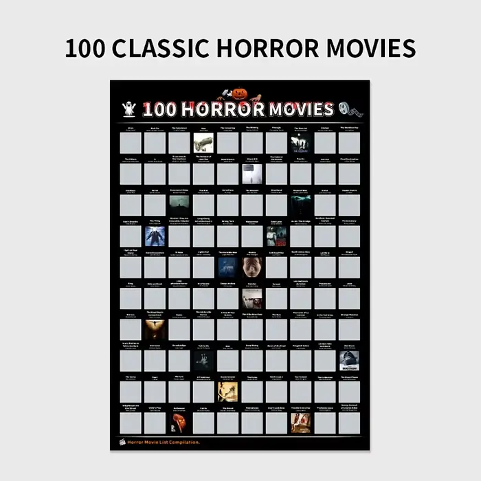 Affiche à gratter sur le thème des films d'horreur - Affiche des 100 meilleurs films d'horreur avec