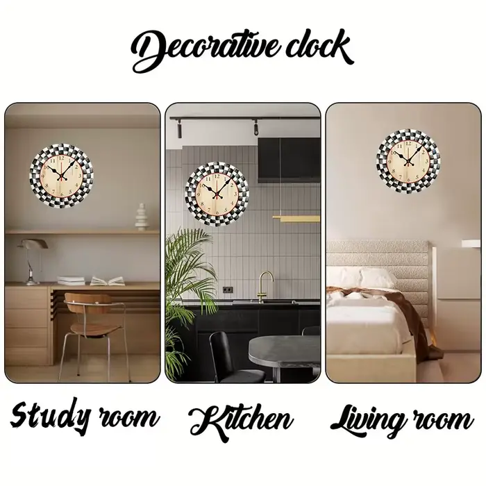 Horloge murale suspendue silencieuse ronde en bois à grille noire et blanche