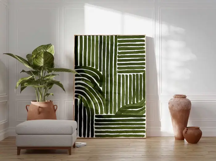 Impression d'art au trait abstrait vert – Affiche géométrique minimaliste moderne