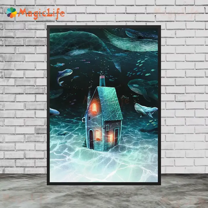 Affiches de lune de maison de paysage de nuit étoilée de dessin animé