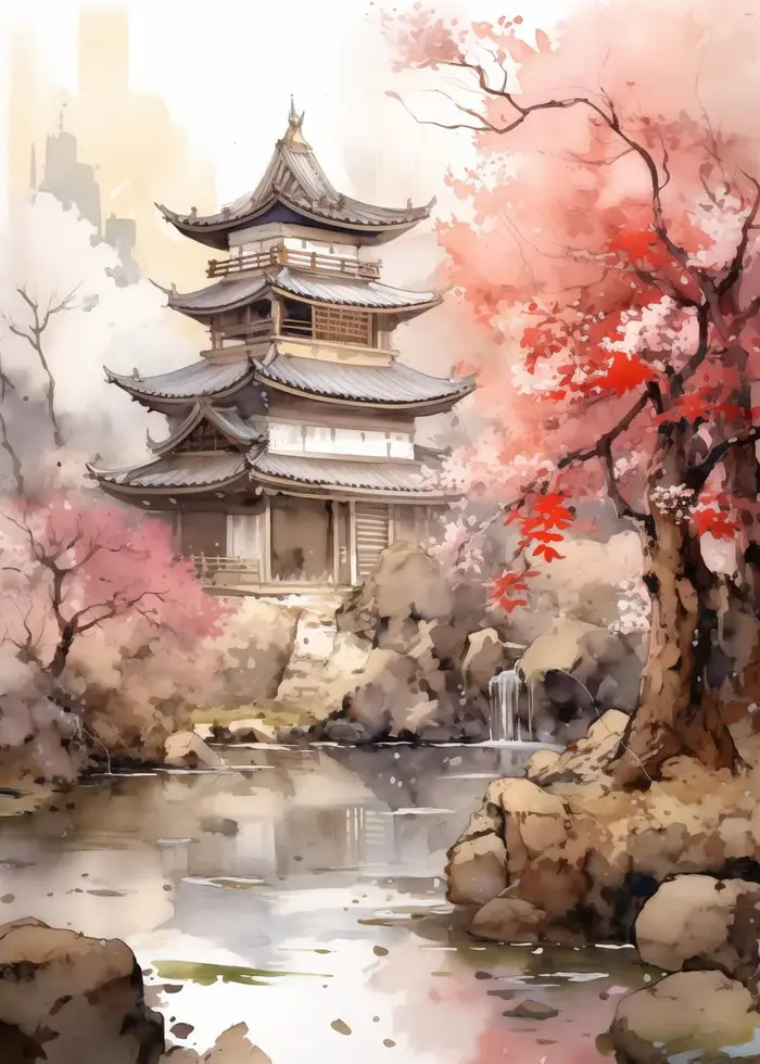 Affiches et impressions sur toile de paysages de portails de temple de cerisiers japonais, peinture