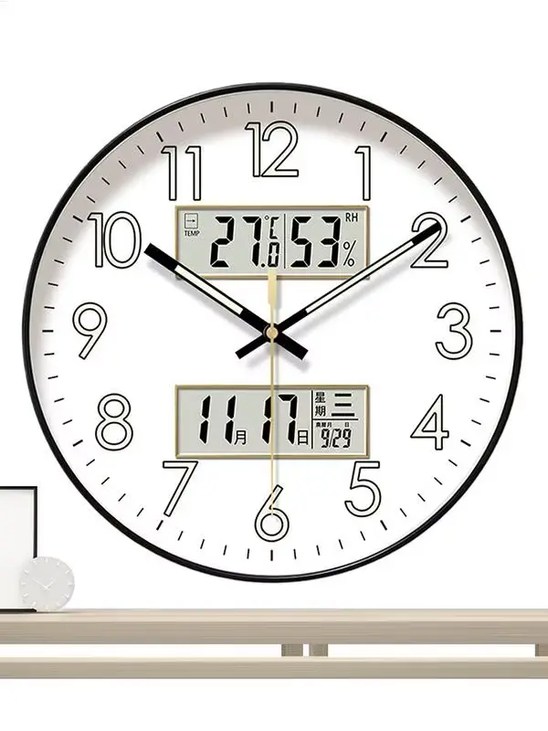 Horloge murale ronde sans tic-tac, brille dans la nuit, décoration de maison, avec calendrier, grand écran numérique de nuit de 10/12/14 pouces