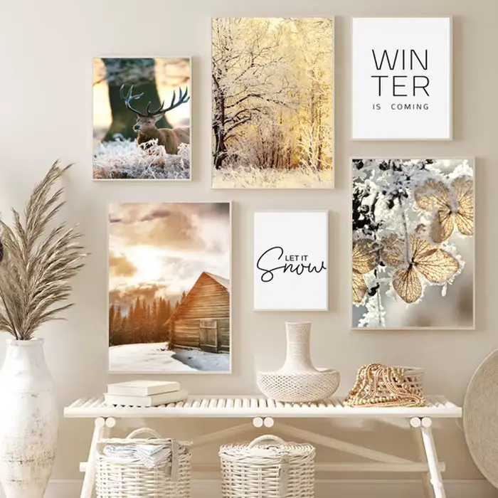 Affiche d'art de toile de cabane en rondins de forêt de gel de neige d'hiver de cerf beige
