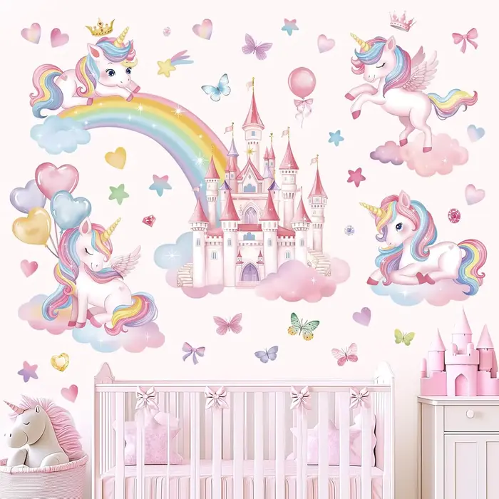 Autocollant mural Château Licorne pour chambre d'enfant