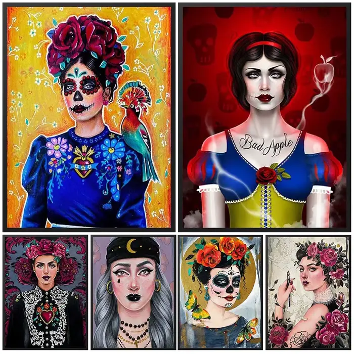 Portrait du jour des morts du mexique des femmes, images murales de fille Grimace pour affiche de salon, peinture sur toile d'art mural sans cadre