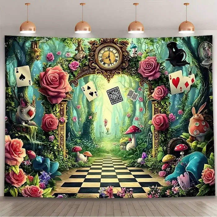 Tapisserie murale Alice au pays des merveilles, décoration de jardin de forêt fantastique, chemin de jeu d'échecs, horloge rose, thème Alice, décoration de chambre, impression 2D plate