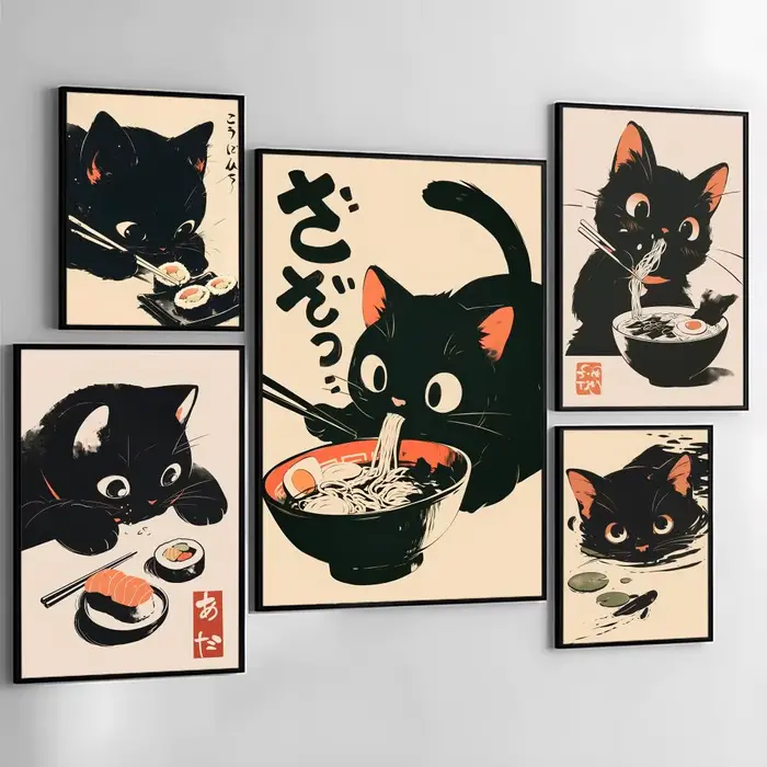Affiche rétro de chat noir mignon