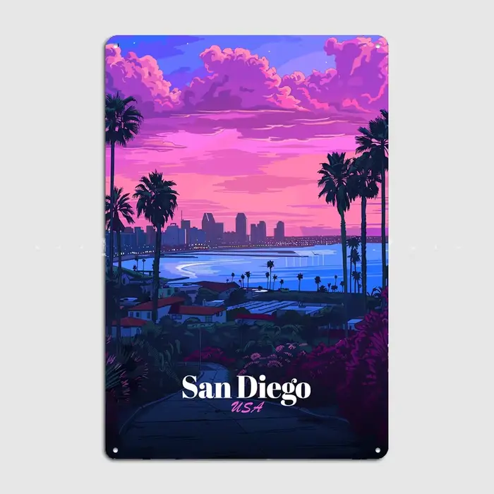 San Diego USA - Affiche rétro en métal sur le thème du paysage urbain et des sites touristiques