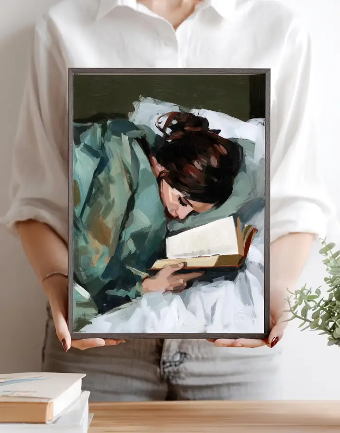 Art mural Fille lisant, Impression abstraite Fille avec livre, Art de la femme endormie, Décoration 