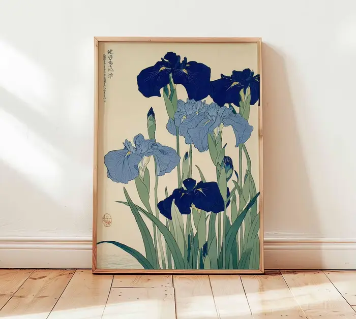 Art mural élégant Ukiyo-E à l'iris bleu - Pour les passionnés de nature ou tout ceux qui aiment une décoration intemporelle et discrète