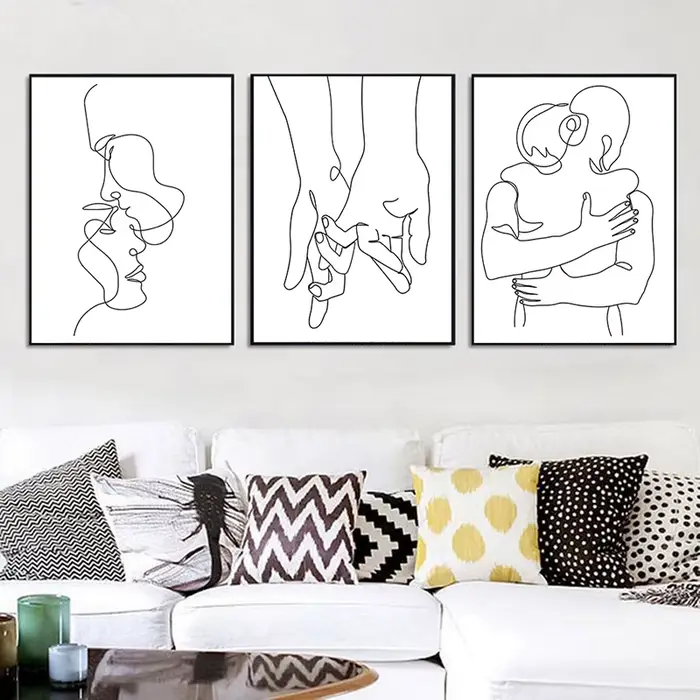 Dessin au trait Couple main amour baiser mur Art toile peinture nordique affiches et impressions minimaliste mur photos pour salon Roo