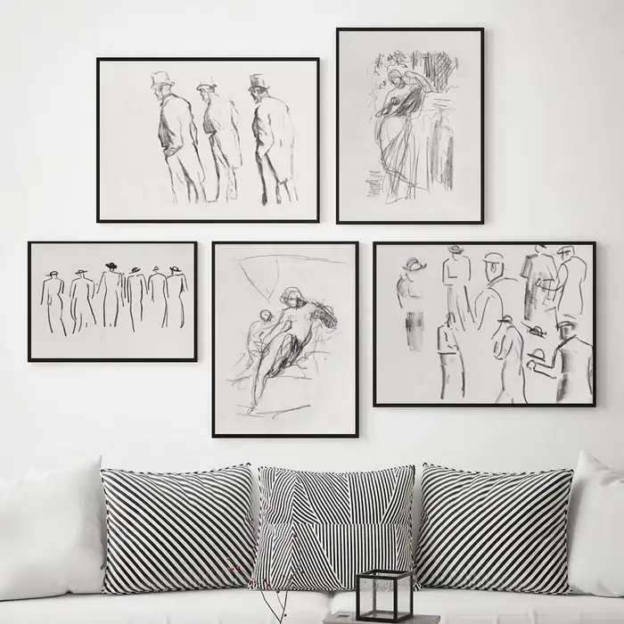 Peinture sur toile sans cadre pour la décoration murale de la maison, rétro, abstrait, simple, noir et blanc, stylo, crayon, ligne, personnes, affiche, art, impression