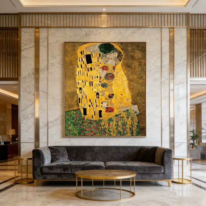 Impression murale dorée Gustav Klimt Le Baiser - Chef-d'œuvre emblématique de l'Art Nouveau pour un accent élégant dans