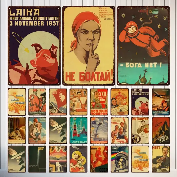 Vintage Russian Propaganda The Space Race Aluminium Signs Poster
