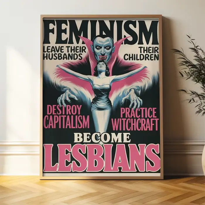 Affiche en toile de style bande dessinée féministe rétro – "Lesbianisme contre. Sorcellerie"