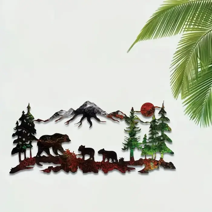 Art mural de montagne de forêt d'ours en métal-peinture de décoration de maison de Silhouette rustique
