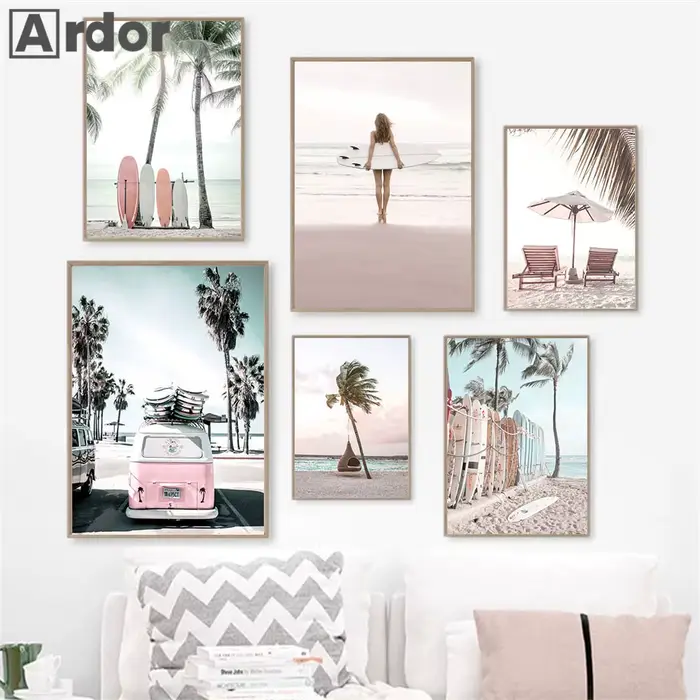 Étoile de mer coquille Surf fille peinture plage palmier planche