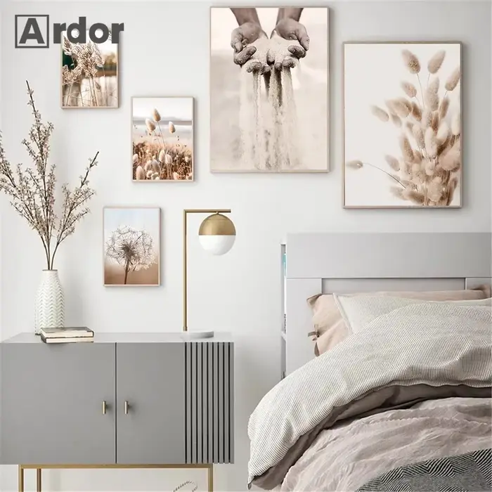 Affiche murale en toile avec roseaux de coucher de soleil