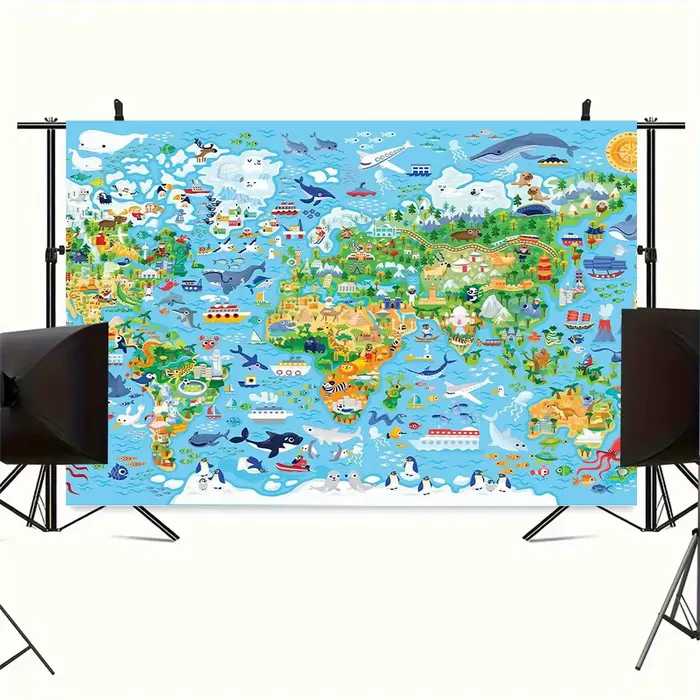 Un fond de carte du monde vif avec des animaux et des planètes de dessin animé – adapté à la décoration de la maison
