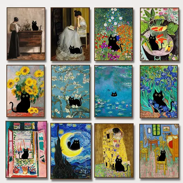 Vintage drôle chat noir mur Art Van Gogh nuit étoilée Claude Monet œuvres d'art affiche toile peinture esthétique chambre décor à la maison