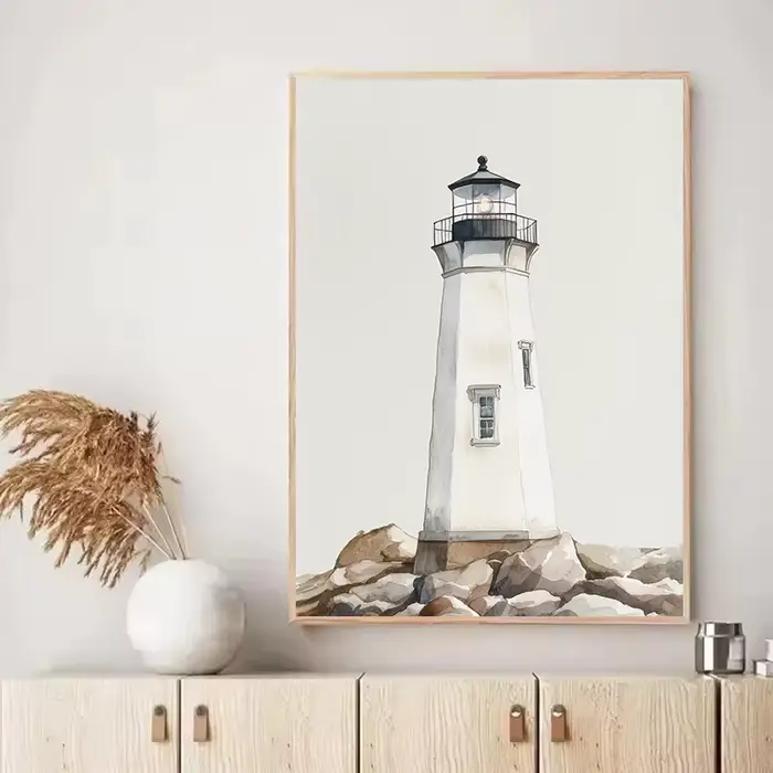 Affiche de paysage marin de mouette d'ancre de phare côtier nautique d'aquarelle