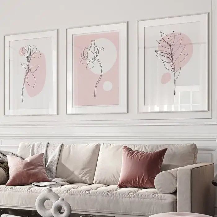 Lot de 3 tableaux muraux botaniques roses – Décoration murale botanique – Affiche d'art linéaire