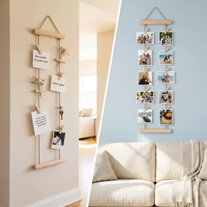 Corde à suspendre les photos en bois avec pinces en bois, support d'affichage multi-photos, gain de place pour dortoir, chambre, bureau et décorations murales