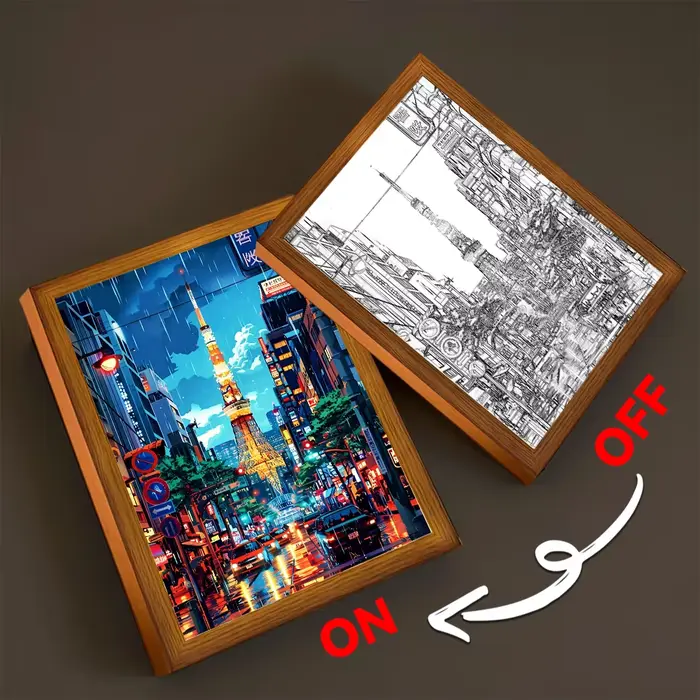 Asian Tokyo and Eastern Cities Pretty Cityscape Painting Photo Frame LED Bedside Light for Home Office Perfect Gift for Traveler