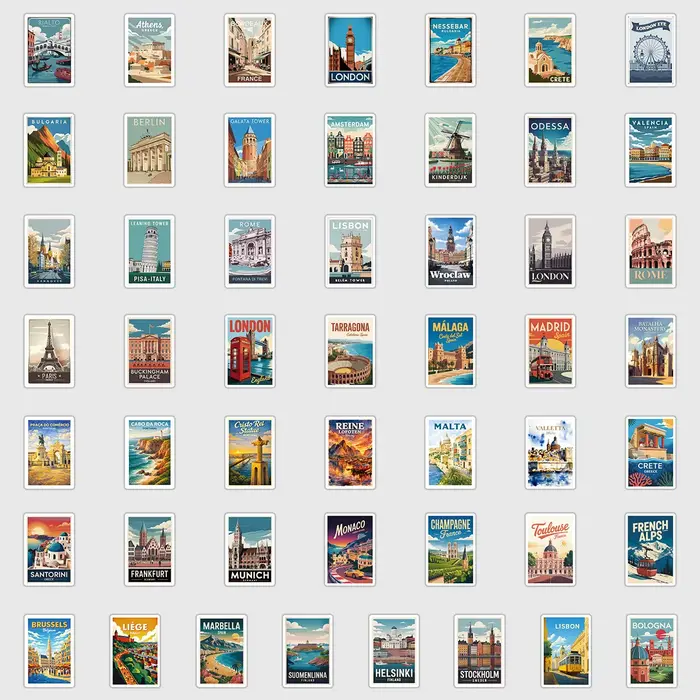 50 autocollants vintage de voyage en Europe