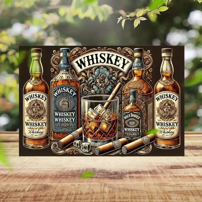 Panneau métallique d'avertissement rétro «tableau à cigares au vin au whisky», décor de cadre orné a