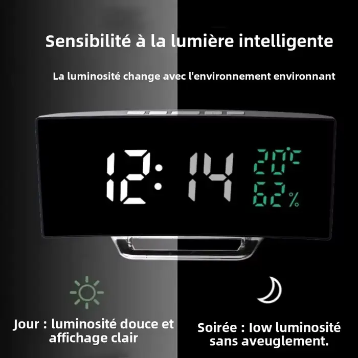 Miroir réveil numérique température Date 2 niveaux de réglage de la luminosité Snooze horloge de Table 12/24H Mode nuit