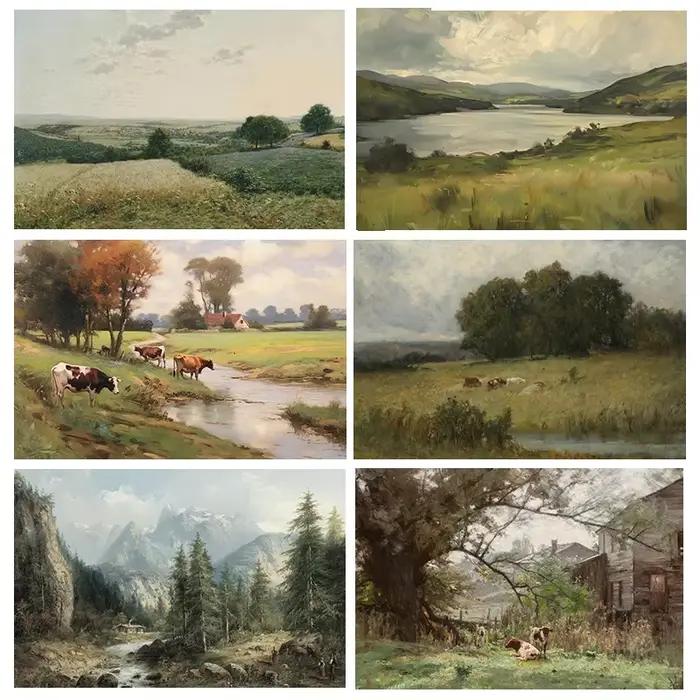 Affiche d'art de paysage de bétail et de mouton