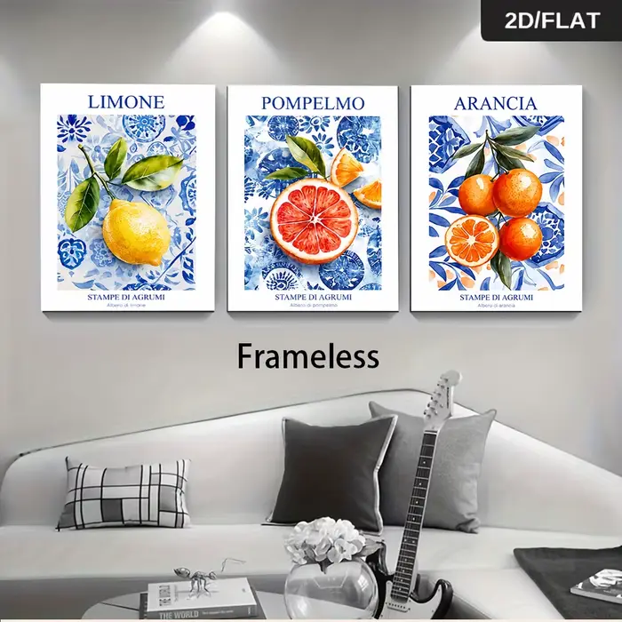 1 ensemble de triptyques décoratifs sans cadre représentant des fruits frais : citron