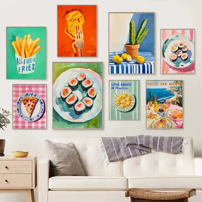 Affiche de fruits et vin alimentaires, peintures sur toile, Pizza, pâtes, avocat, Sushi, images d'art murales pour décoration de maison et de cuisine, sans cadre