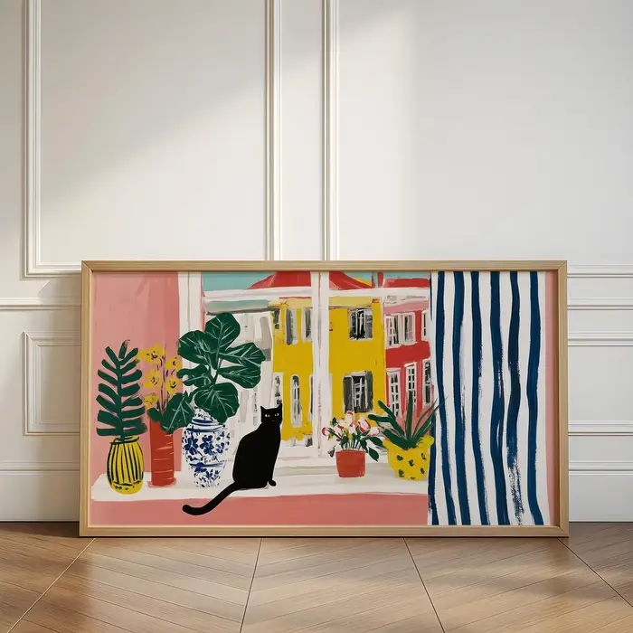 Série Matisse, toile murale abstraite avec chat noir et fleurs colorées dans un vase