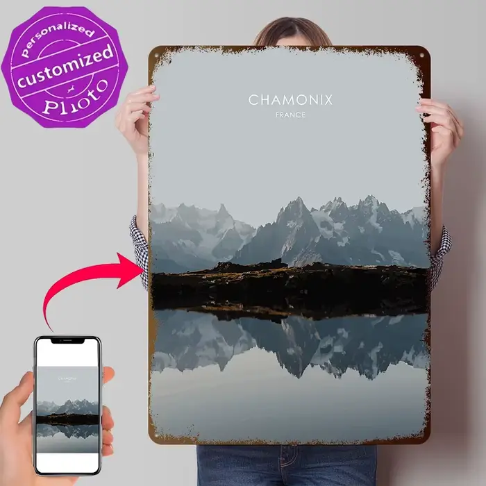 Plaque Métallique Vintage Personnalisée avec Impression 3D Texture Art Voyage Chamonix France pour D
