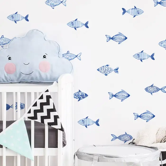 Autocollants muraux de poisson aquarelle dessinés à la main, autocollant mural imperméable à décolle