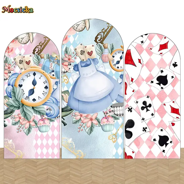 Mocsicka-Toile de fond de couverture arquée Alice au pays des merveilles pour fille, fond rose fleur, cabine double face, horloge d'anniversaire et de thé