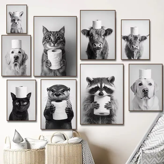 Highland vache loutre chat raton laveur avec papier toilette affiche impression toile peinture salle de bain mur Art