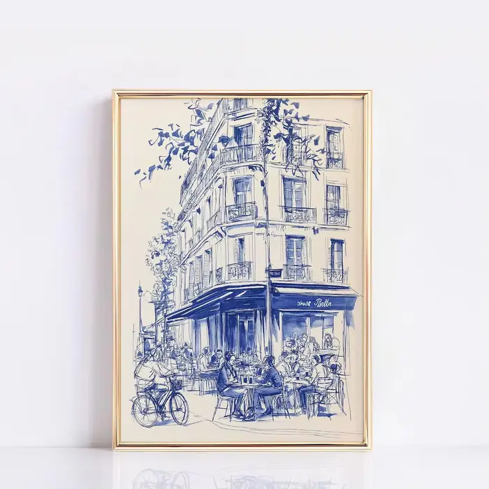 Affiche d'art linéaire sur le thème des cafés de Paris, Décoration murale de bistrot français, Illus