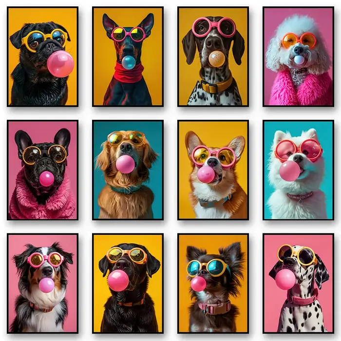 Animaux imprimés drôles chien coloré Bubblegum lunettes de soleil affiche Samoyède bouledogue français toile peinture mur Art photo décor à la maison