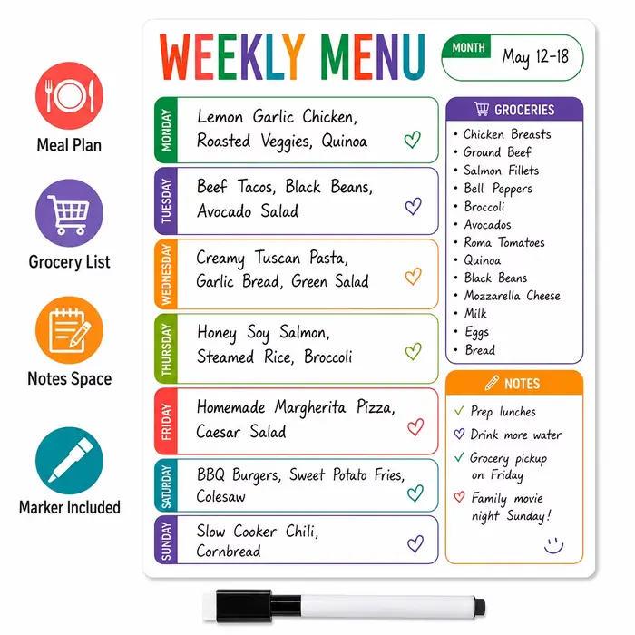 Autocollant tableau blanc pour menu hebdomadaire, avec 1 marqueur effaçable, planificateur de repas
