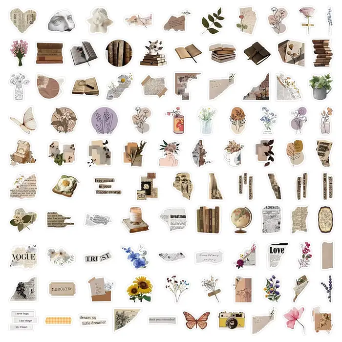 Pack d'autocollants de style vintage, 100 pièces, décalcomanies esthétiques rétro pour journaux et s