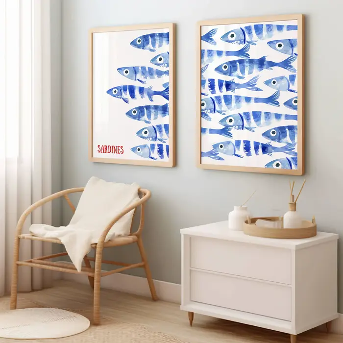 Affiche en toile de sardine bleue rétro