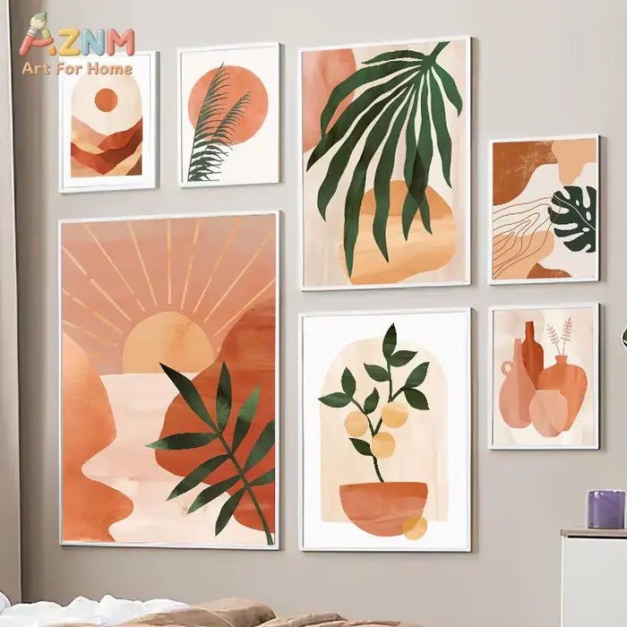 AZNM Impression sur toile de vase abstrait en terre cuite, aquarelle, tons neutres de terre, poterie botanique minimaliste, affiche murale bohème, sans cadre