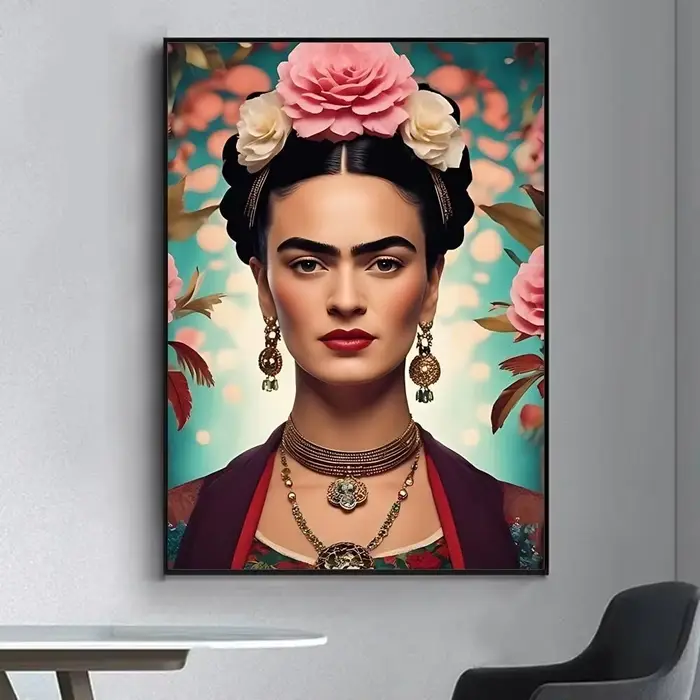 Peinture à l'huile numérique sur toile, style Frida Kahlo, portrait floral de femme, décoration pour