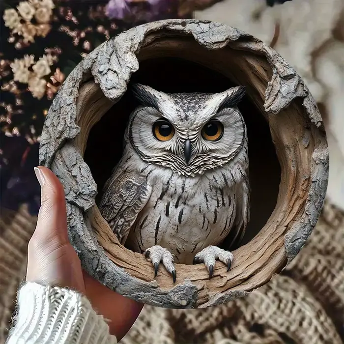 Thème mural de hibou contemporain rond en bois
